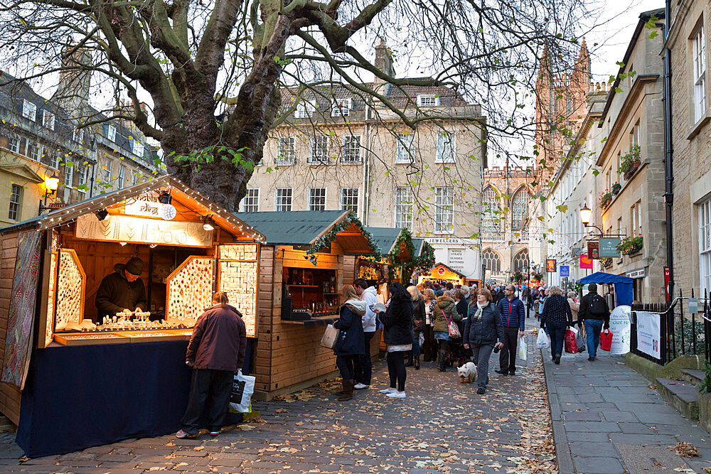 Bath Christmas Market in Abbey Green at night, Bath, Somerset, England, United Kingdom, Europe