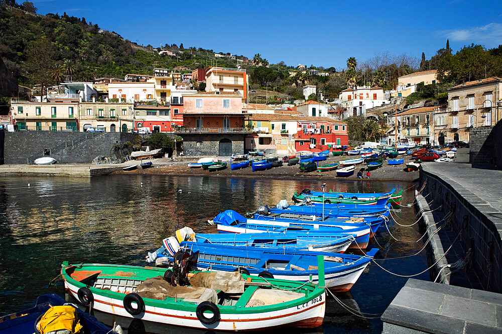 View over fishing harbour, Santa Maria La Scala, Sicily, Italy, Mediterranean, Europe