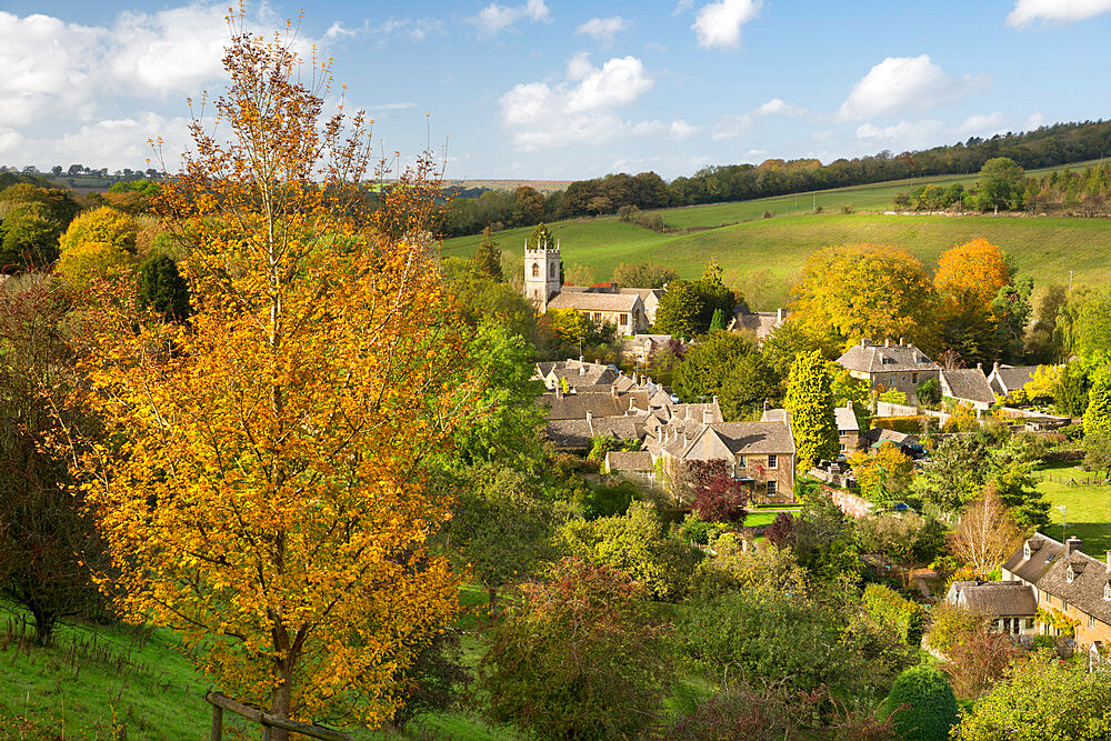 Village in autumn, Naunton, Cotswolds, Gloucestershire, England, United Kingdom, Europe