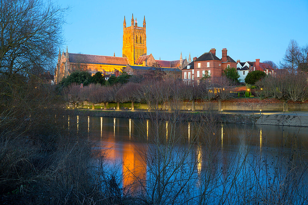 Worcester Cathedral on the River Severn floodlit at dusk, Worcester, Worcestershire, England, United Kingdom, Europe