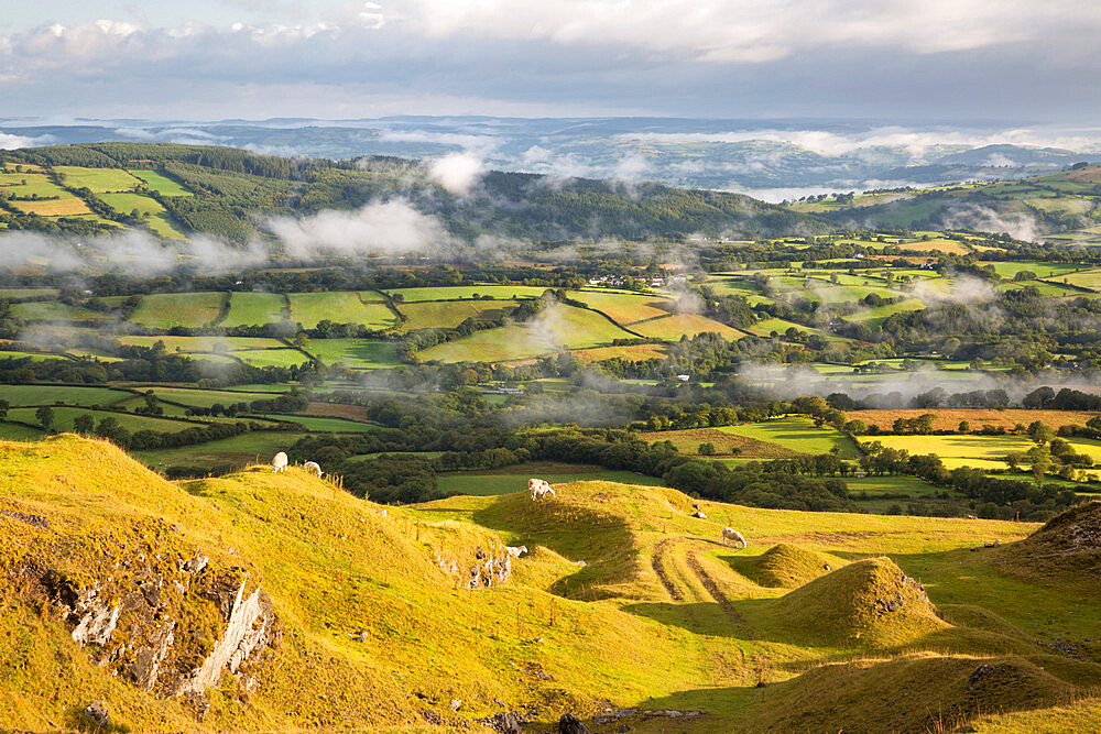 Misty farmland from Black Mountain, Capel Gwynfe, Brecon Beacons National Park, Carmarthenshire, Wales, United Kingdom, Europe