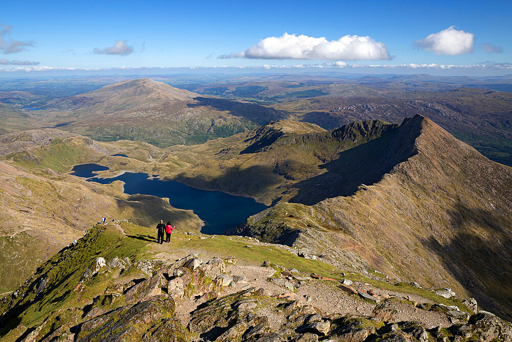 View from summit of Snowdon to Llyn Llydaw and Y Lliwedd ridge, Snowdonia National Park, Gwynedd, Wales, United Kingdom, Europe