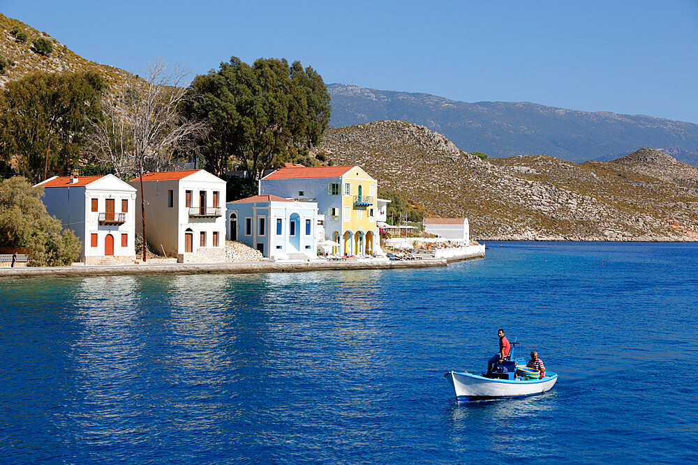 View of harbour, Kastellorizo (Meis), Dodecanese, Greek Islands, Greece, Europe