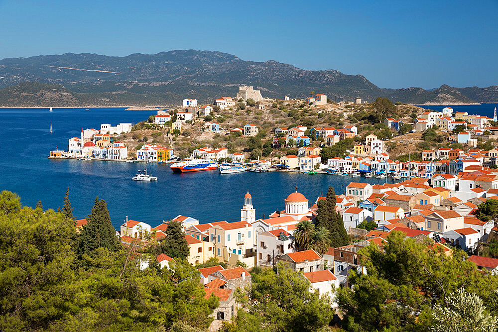 View of harbour, Kastellorizo (Meis), Dodecanese, Greek Islands, Greece, Europe