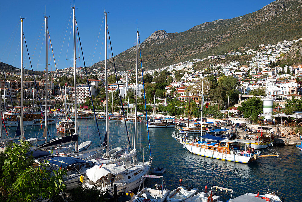 Gulets in harbour, Kalkan, Lycia, Antalya Province, Mediterranean Coast, Southwest Turkey, Turkey, Asia Minor, Eurasia