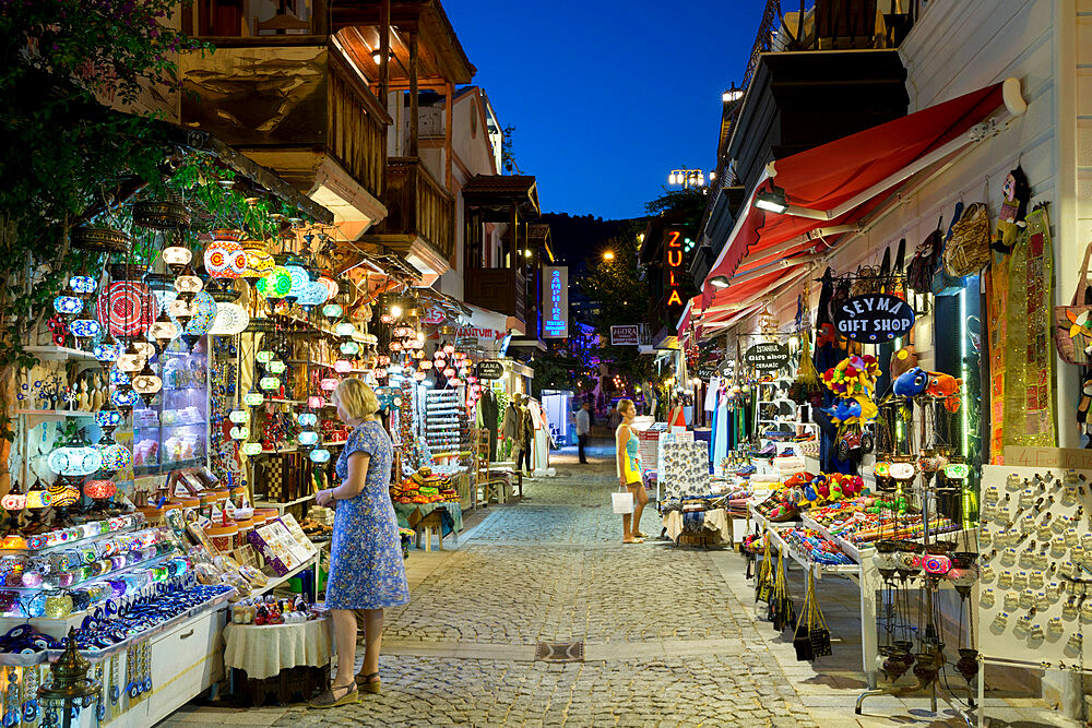 Gift shops at night in the old town, Kalkan, Lycia, Antalya Province, Mediterranean Coast, Southwest Turkey, Turkey, Asia Minor, Eurasia