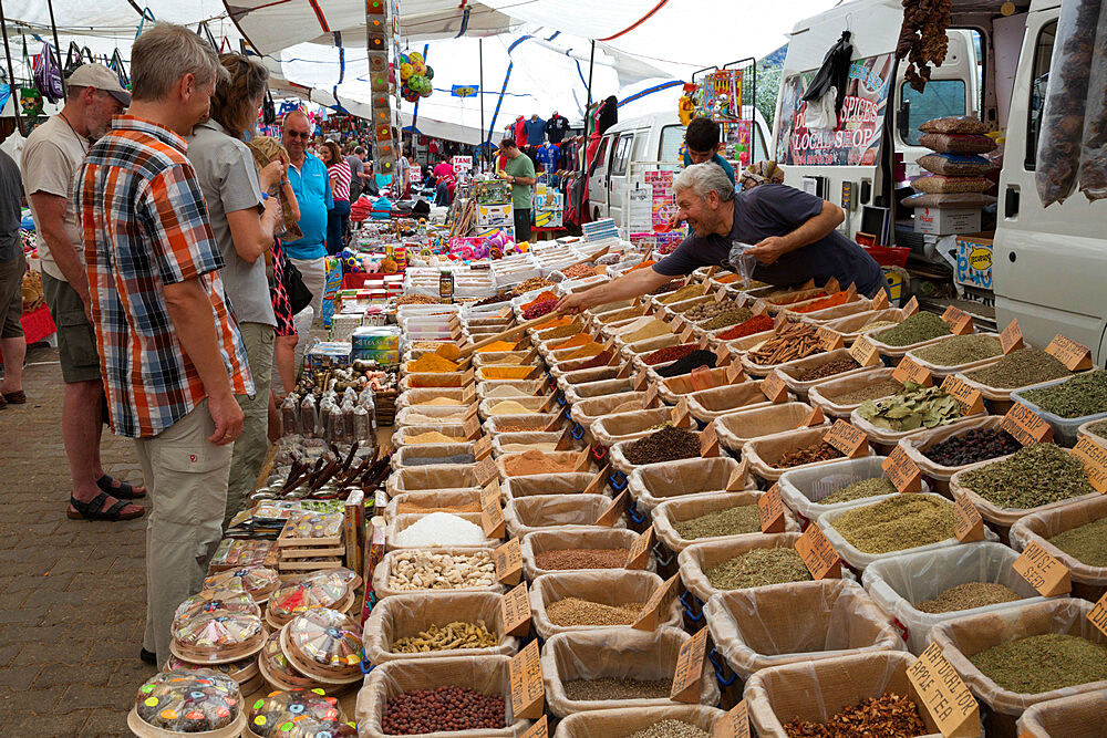 Spice stall at the Thursday Market, Kalkan, Lycia, Antalya Province, Mediterranean Coast, Southwest Turkey, Turkey, Asia Minor, Eurasia