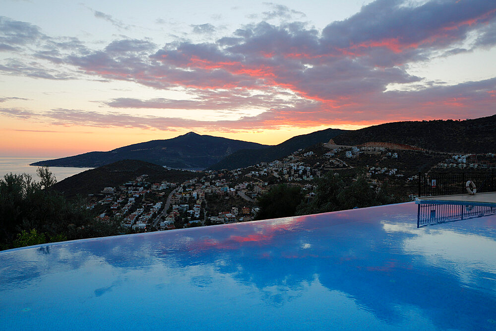 Infinity pool at sunset, Mediteran Hotel, Kalkan, Lycia, Antalya Province, Mediterranean Coast, Southwest Turkey, Turkey, Asia Minor, Eurasia