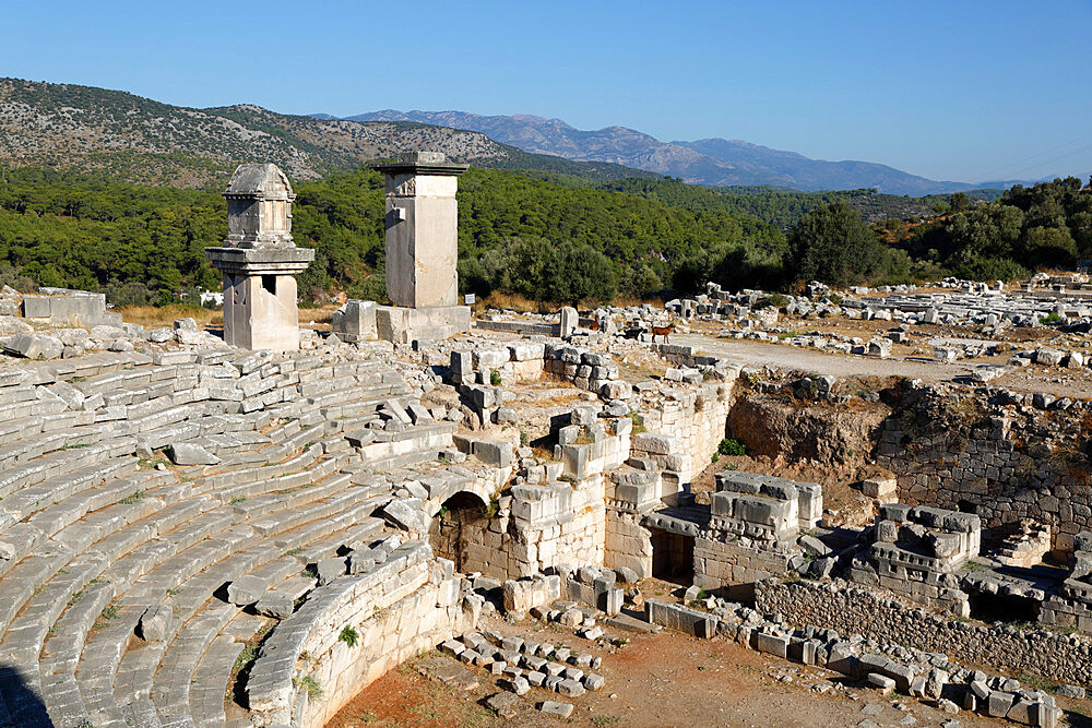 Amphitheatre and Harpy monument, Xanthos, Kalkan, Lycia, Antalya Province, Mediterranean Coast, Southwest Turkey, Anatolia, Turkey, Asia Minor, Eurasia