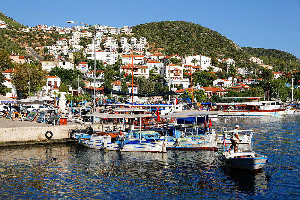 Fishing boats in harbour, Kas, Lycia, Antalya Province, Mediterranean Coast, Southwest Turkey, Turkey, Asia Minor, Eurasia