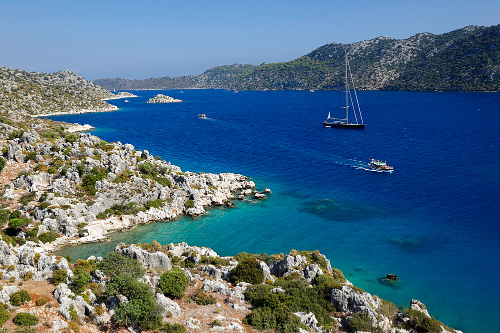 Coastline looking to Kekova, Ucagiz, near Kas, Lycia, Antalya Province, Mediterranean Coast, Southwest Turkey, Anatolia, Turkey, Asia Minor, Eurasia