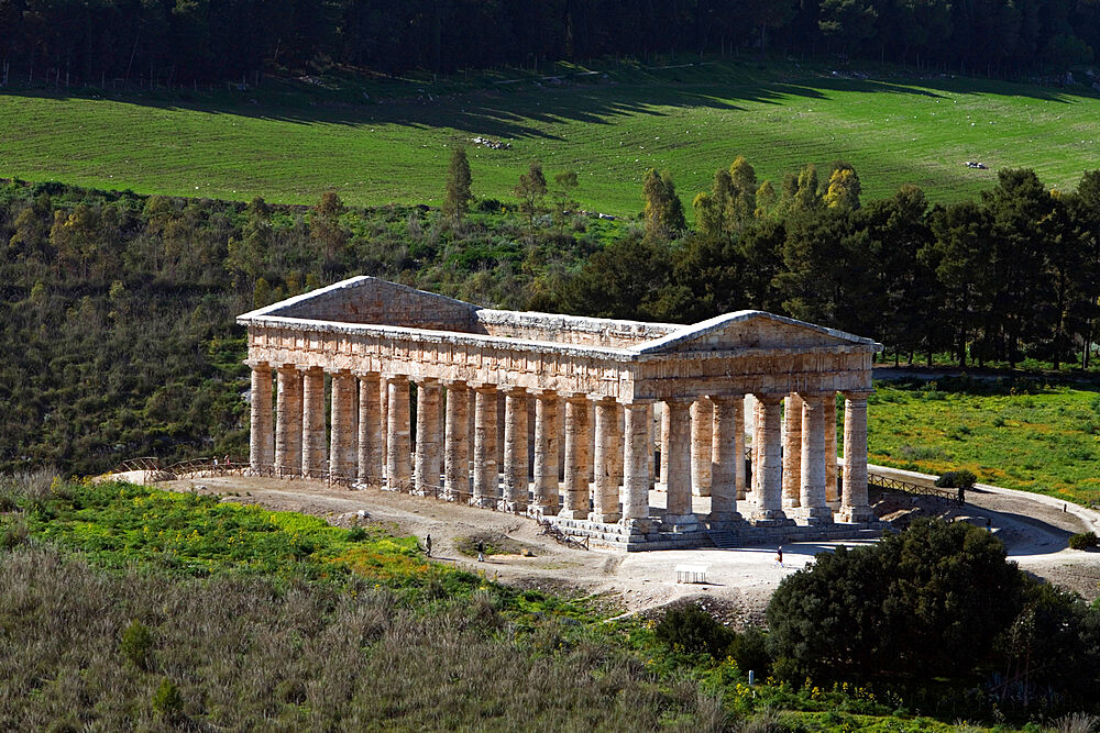 View over the Greek Doric Temple, Segesta, Sicily, Italy, Europe