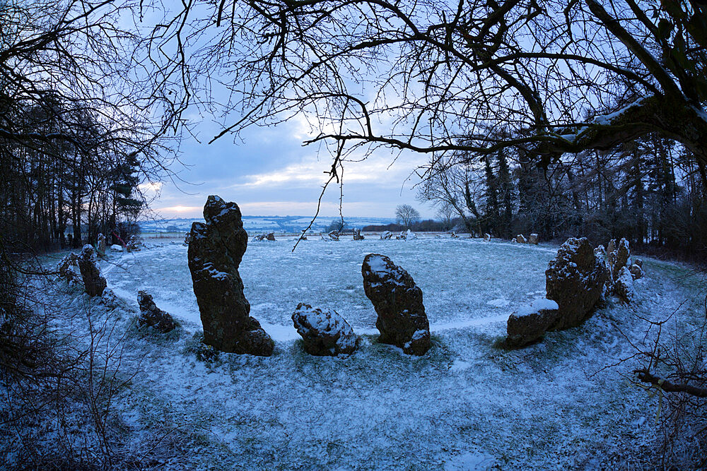 The King's Men in snow, The Rollright Stones, near Chipping Norton, Cotswolds, Oxfordshire, England, United Kingdom, Europe