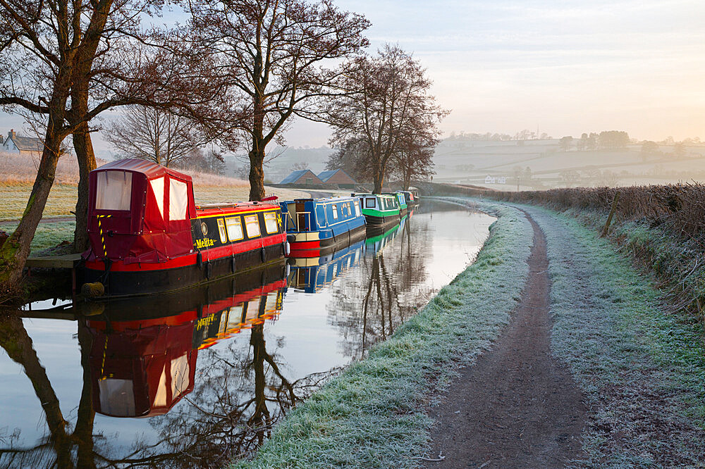 Barges on Monmouthshire and Brecon Canal in frost, Pencelli, Brecon Beacons National Park, Powys, Wales, United Kingdom, Europe