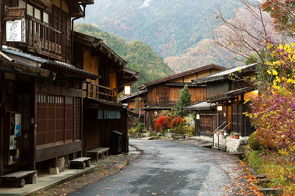 Wooden houses of old post town, Tsumago, Kiso Valley Nakasendo, Central Honshu, Japan, Asia