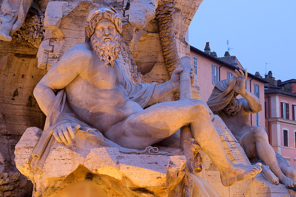 Figure representing the River Ganges on Bernini's Fountain of the Four Rivers, Piazza Navona, Rome, Lazio, Italy, Europe