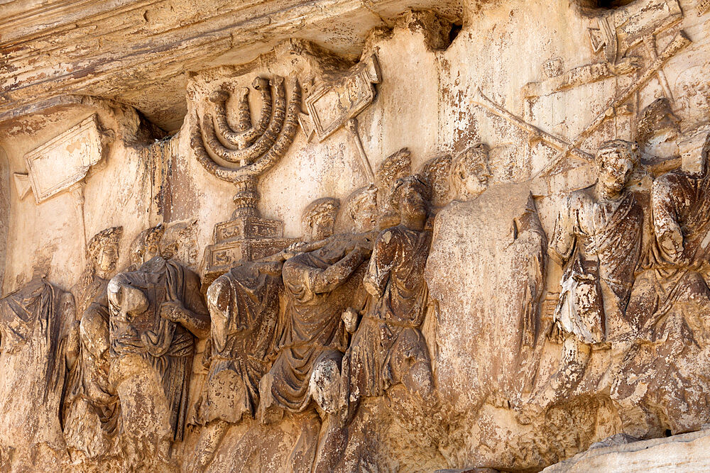 Bas-relief on Arch of Titus showing menorah taken from the Temple of Jerusalem, Roman Forum (Foro Romano), UNESCO World Heritage Site, Rome, Lazio, Italy, Europe