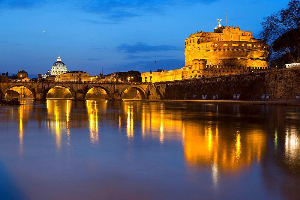 Castel Sant'Angelo and St. Peter's Basilica from the River Tiber at night, Rome, Lazio, Italy, Europe