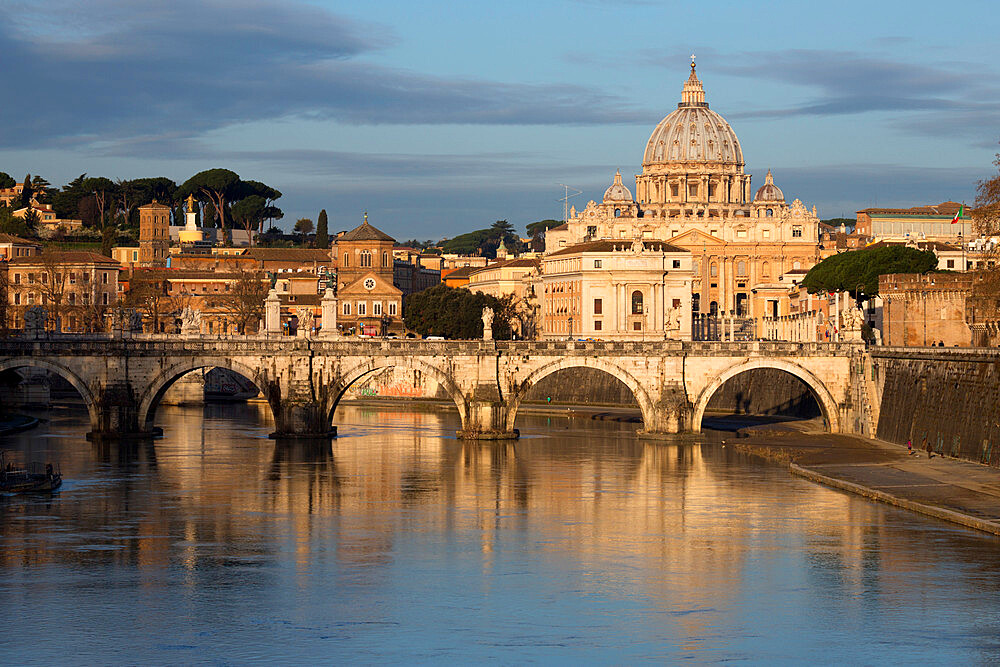 St. Peter's Basilica, the River Tiber and Ponte Sant'Angelo, Rome, Lazio, Italy, Europe