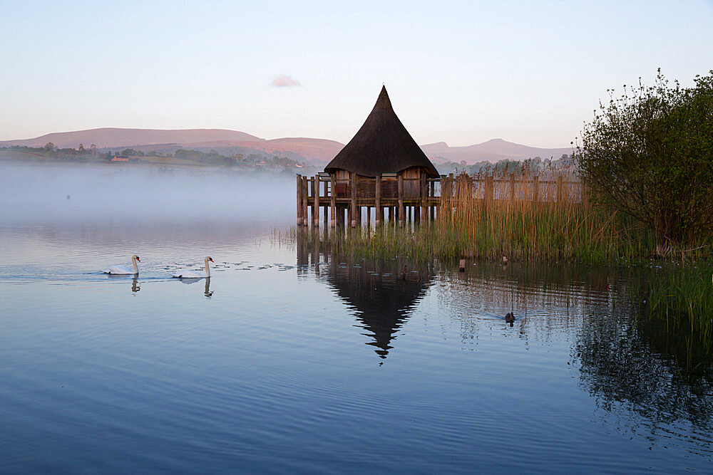 Llangorse Lake and Crannog Island in morning mist, Llangorse, Brecon Beacons National Park, Powys, Wales, United Kingdom, Europe