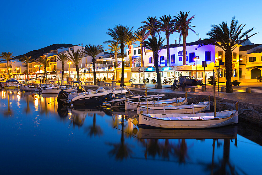 Restaurants at night along the harbour, Fornells, Menorca, Balearic Islands, Spain, Mediterranean, Europe