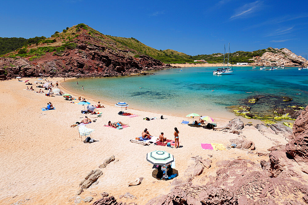 View over Cala Pregondo and Cala Pregonda, near Fornells, North Coast, Menorca, Balearic Islands, Spain, Mediterranean, Europe