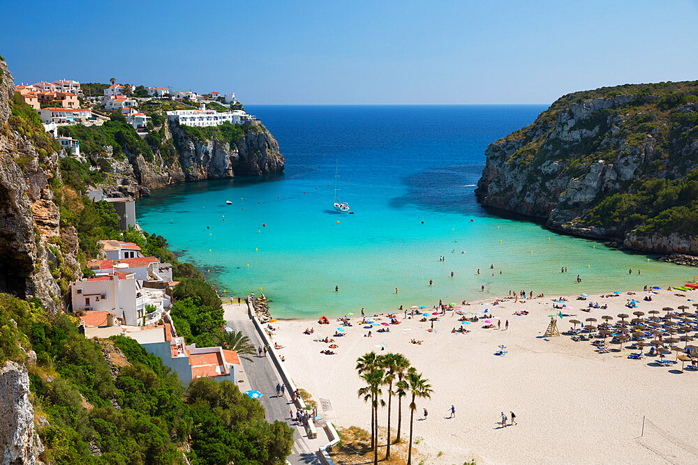 View over beach, Cala en Porter, south east Coast, Menorca, Balearic Islands, Spain, Mediteranean, Europe