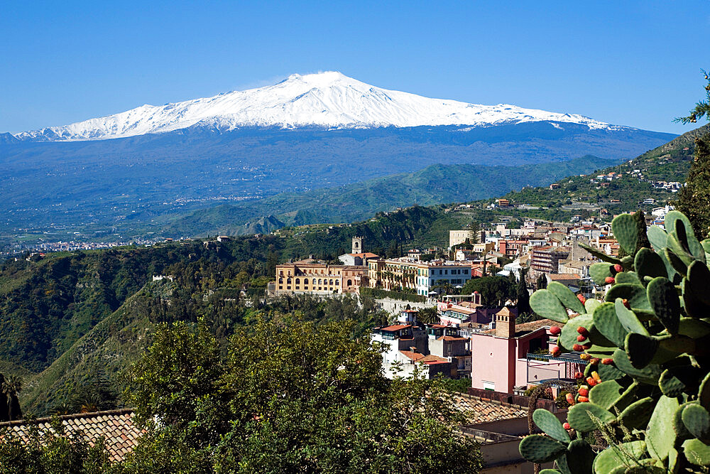 View over Taormina and Mount Etna, Taormina, Sicily, Italy, Europe