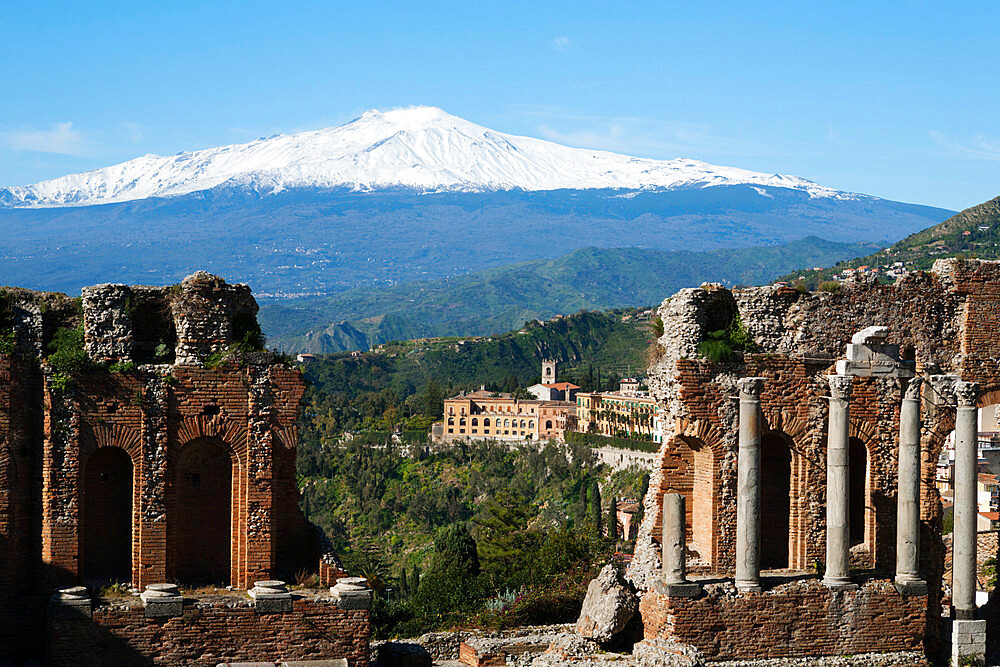 The Greek Amphitheatre and Mount Etna, Taormina, Sicily, Italy, Europe