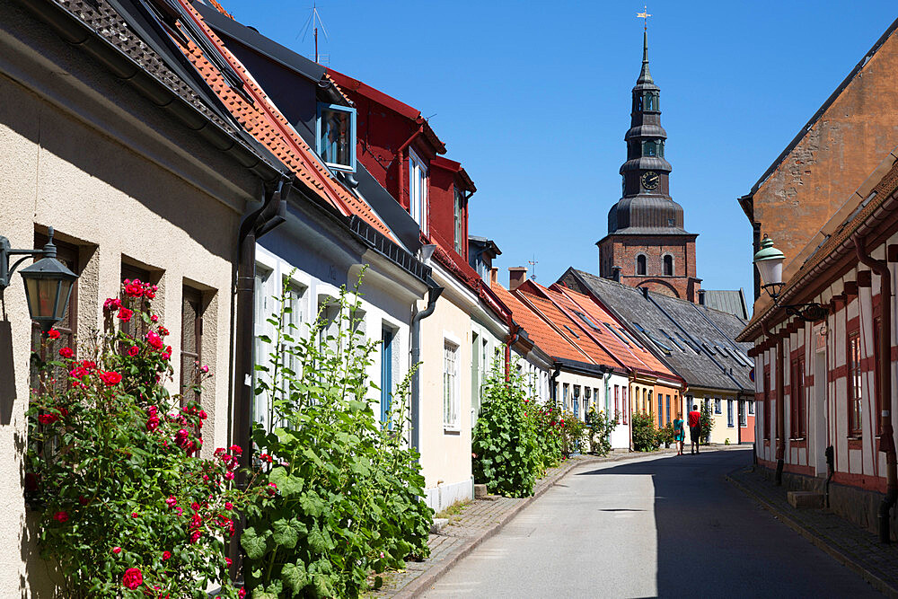 View along Lilla Vastergatan to Sankta Maria Kyrka, Ystad, Skane, South Sweden, Sweden, Scandinavia, Europe