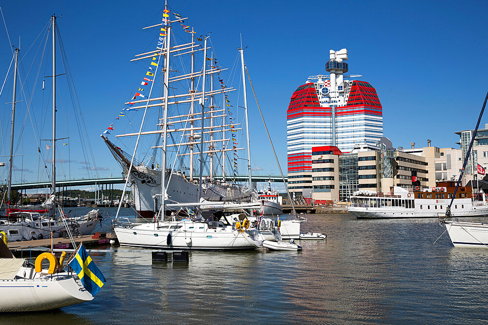 Lilla Bommen harbour with the Barken Viking ship and the Goteborgs-Utkiken building, Gothenburg, West Gothland, Sweden, Scandinavia, Europe