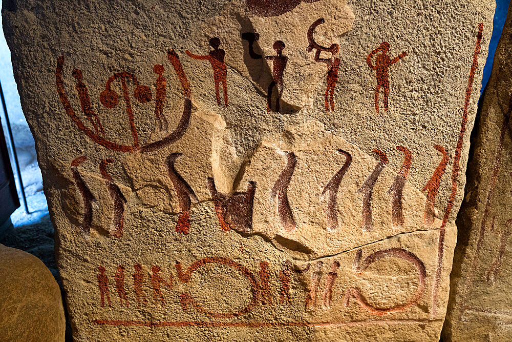 Engraved slab inside Kiviksgraven Bronze Age grave, Kivik, Skane, South Sweden, Sweden, Scandinavia, Europe