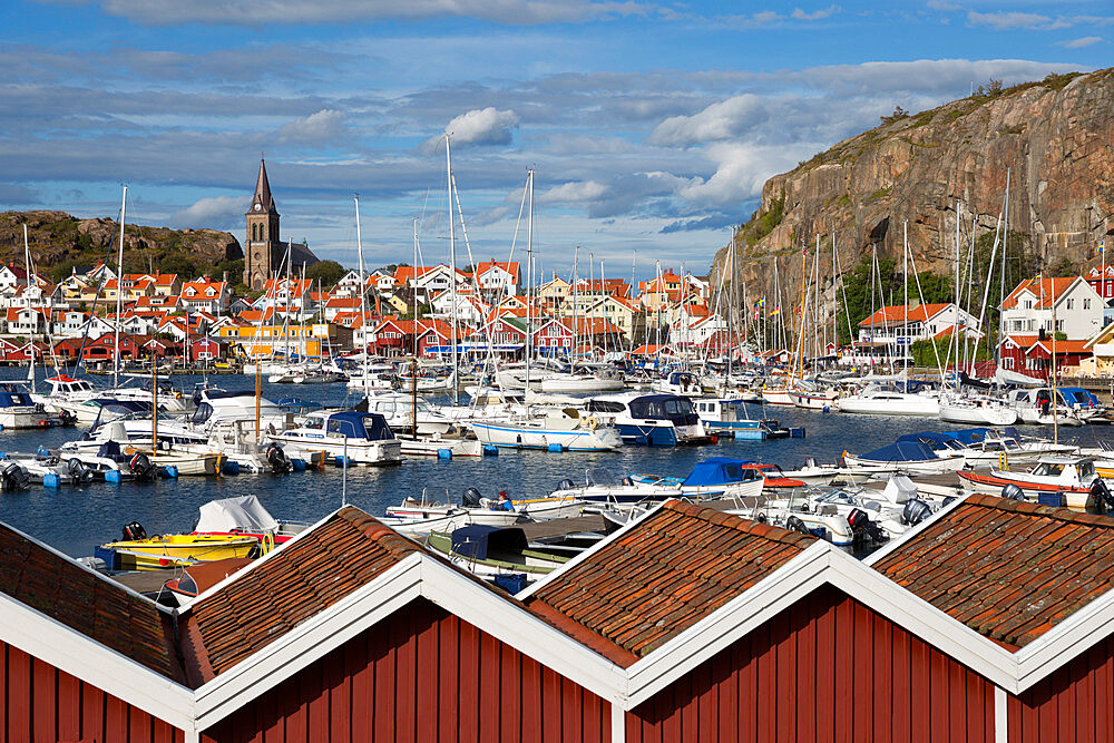 View over harbour and Vetteberget cliff, Fjallbacka, Bohuslan Coast, Southwest Sweden, Sweden, Scandinavia, Europe