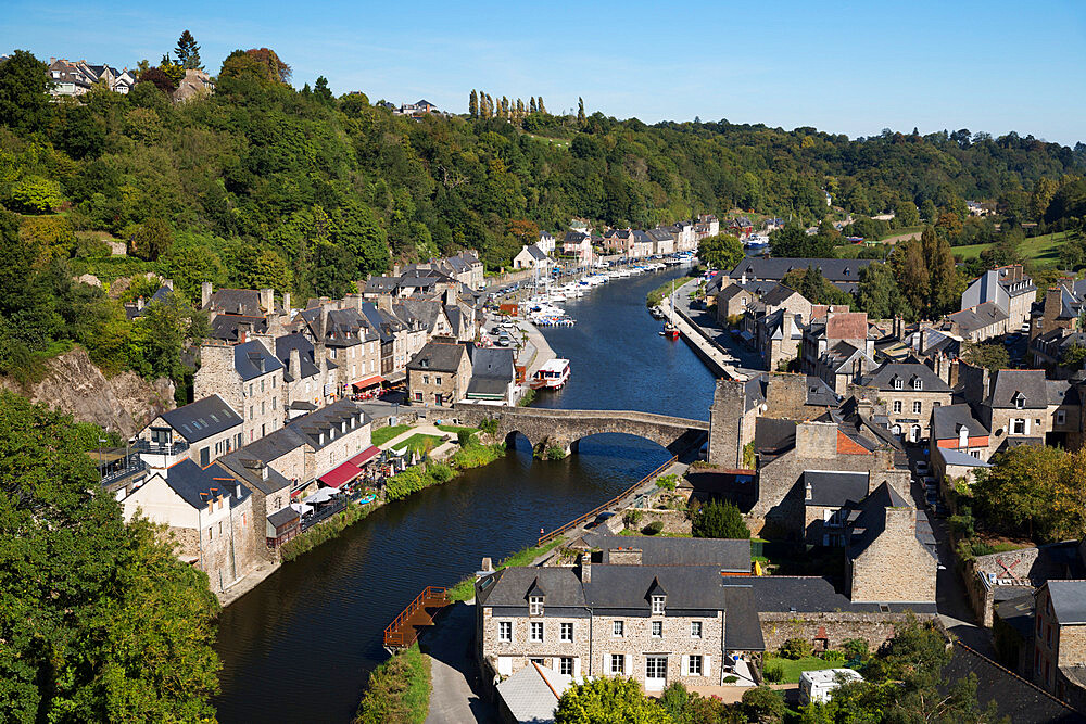 View over the port and River Rance with the Pont Gothique, Dinan, Cotes d'Armor, Brittany, France, Europe