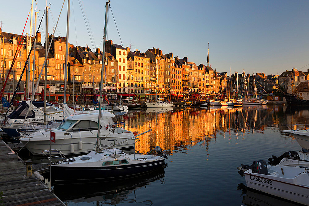 Saint Catherine Quay in the Vieux Bassin at sunrise, Honfleur, Normandy, France, Europe