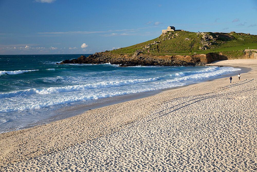 Porthmeor beach and St. Nicholas chapel, St. Ives, Cornwall, England, United Kingdom, Europe