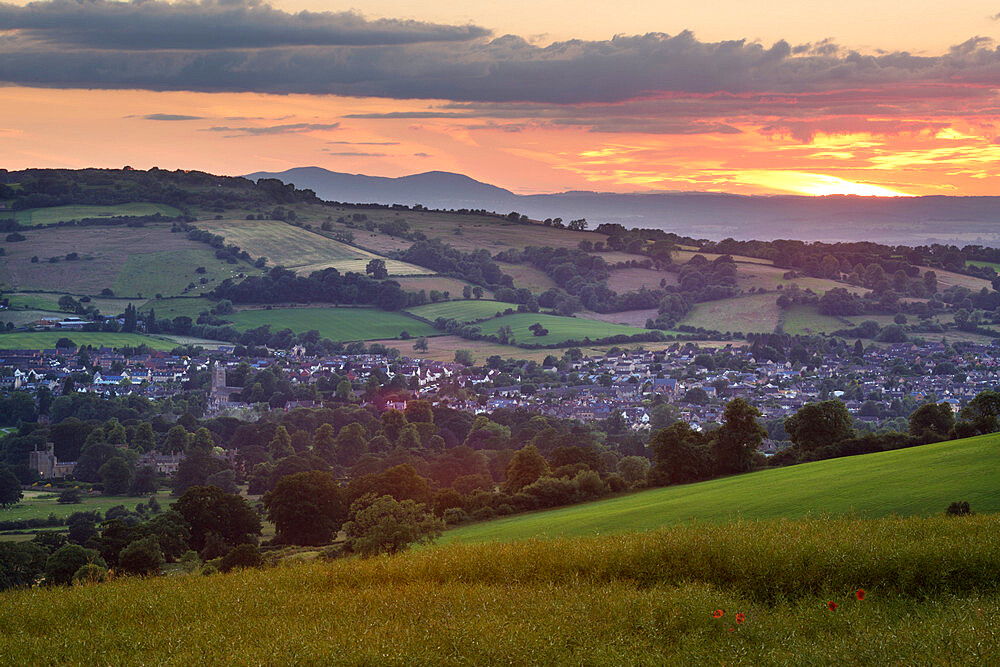 Sunset over Winchcombe and Malvern Hills in distance, Winchcombe, Cotswolds, Gloucestershire, England, United Kingdom, Europe