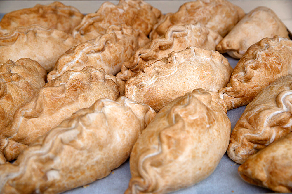 Traditional Cornish pasties in bakery window, St. Ives, Cornwall, England, United Kingdom, Europe