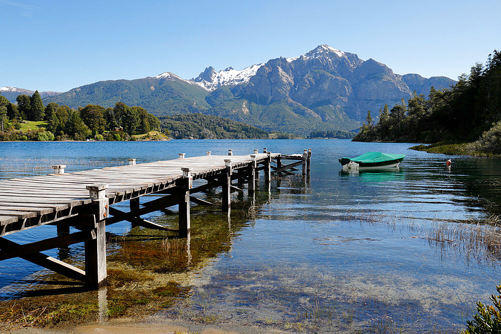 Pier and Andes on Lago Perito Moreno, Llao Llao, near Bariloche, Nahuel Huapi National Park, Lake District, Argentina, South America