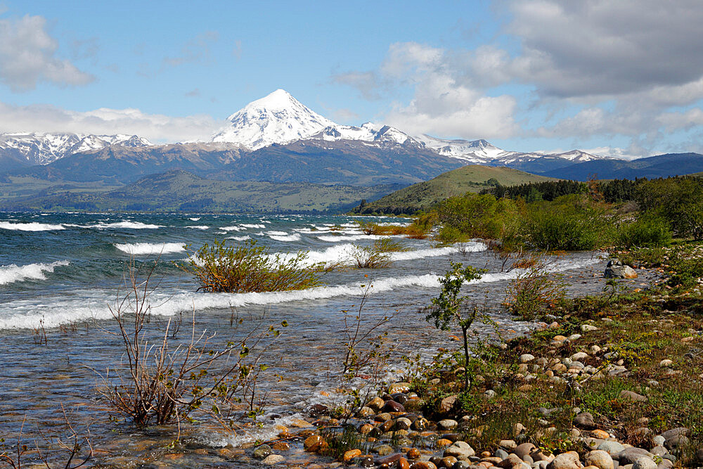 Lanin volcano and Lago Huechulafquen, Lanin National Park, near Junin de los Andes, The Lake District, Argentina, South America