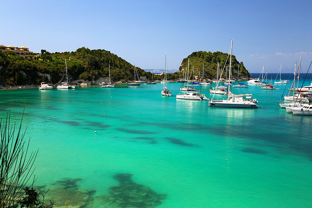 Yachts anchored in bay, Lakka, Paxos, Ionian Islands, Greek Islands, Greece, Europe