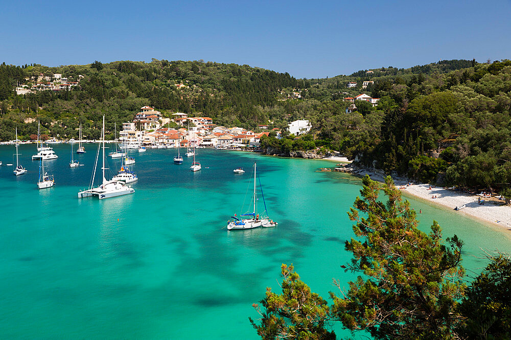 Yachts anchored in bay, Lakka, Paxos, Ionian Islands, Greek Islands, Greece, Europe