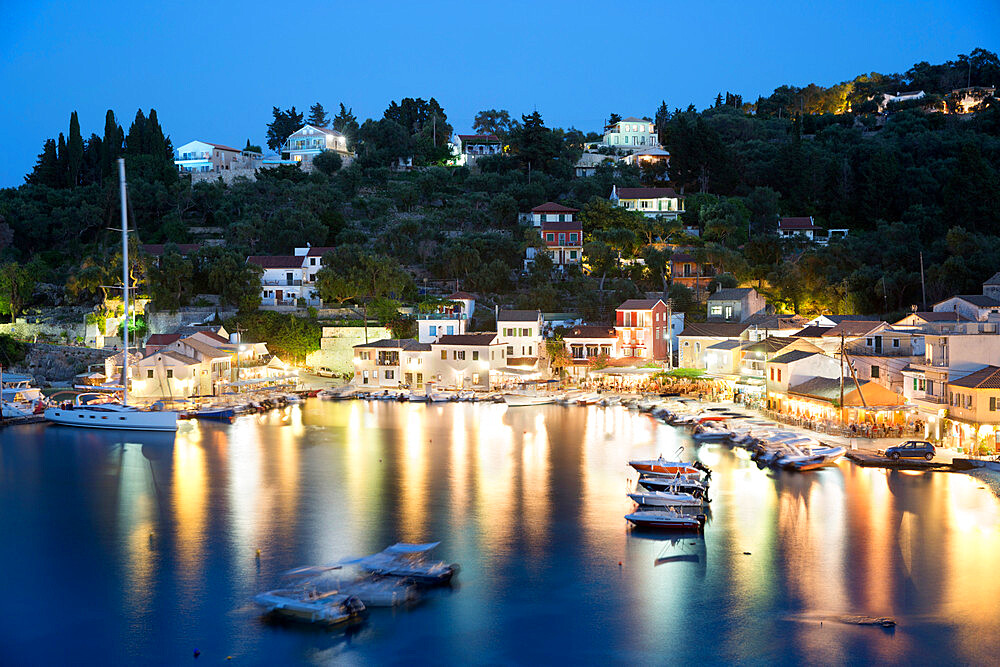 View over harbour at night, Loggos, Paxos, Ionian Islands, Greek Islands, Greece, Europe