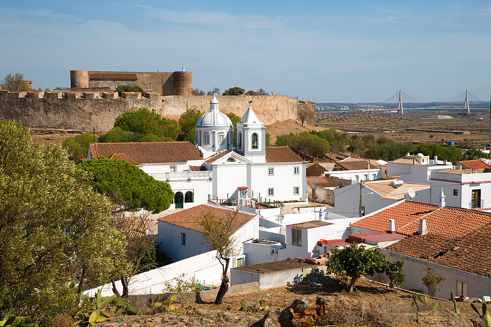 View over white town and 13th century castle, Castro Marim, Algarve, Portugal, Europe