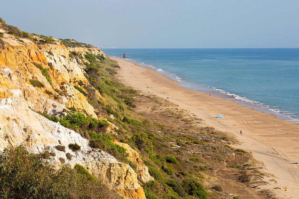 Sandy beach and cliffs, Mazagon, Costa de la Luz, Huelva Province, Andalucia, Spain, Europe