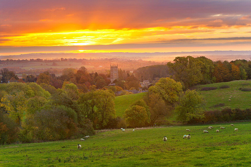 Cotswold countryside and St. James Church at dawn, Chipping Campden, Cotswolds, Gloucestershire, England, United Kingdom, Europe