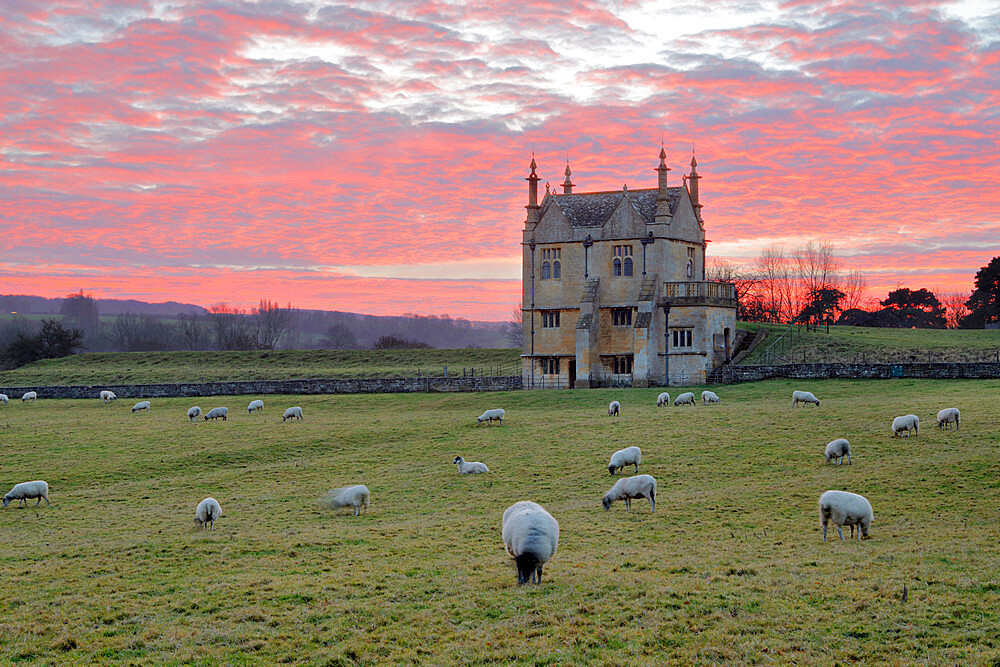 Banqueting House of Campden House and sheep at sunset, Chipping Campden, Cotswolds, Gloucestershire, England, United Kingdom, Europe