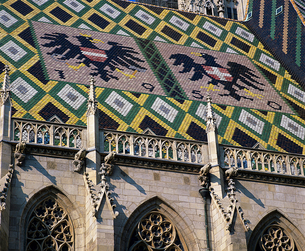 St. Stephen`s Cathedral with coat of arms on roof, UNESCO World Heritage Site, Vienna, Austria, Europe