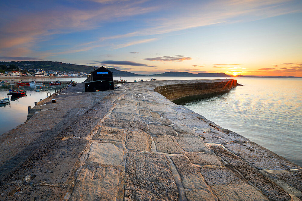 The Cobb with the cliffs of Jurassic Coast at sunrise, Lyme Regis, Dorset, England, United Kingdom, Europe