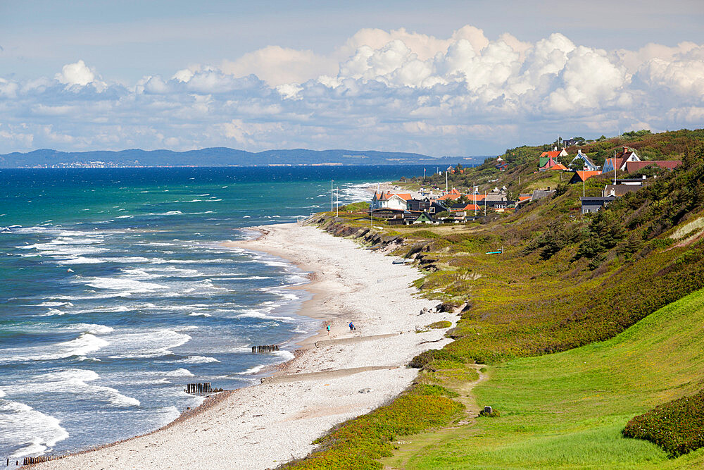 View over Rageleje Strand beach with Swedish coastline in distance, Rageleje, Kattegat Coast, Zealand, Denmark, Scandinavia, Europe